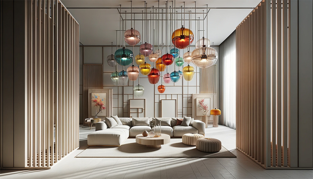 a present-day living setting with a stripped-back decor style. The scene is dominated by a brightly colored Murano chandelier