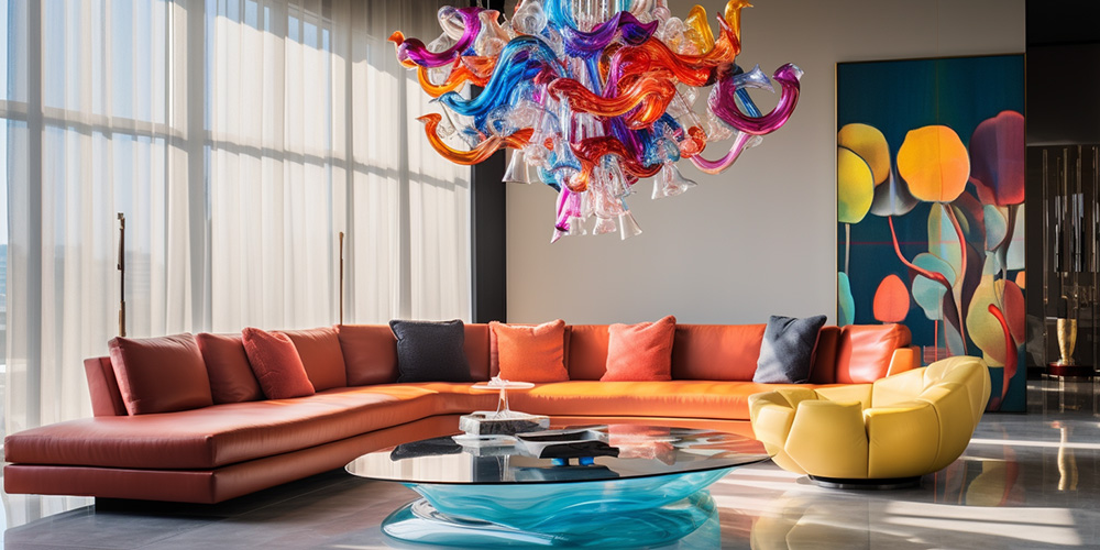 A contemporary living space with minimalist decor, dominated by a vibrant-colored Murano chandelier. Around the central image
