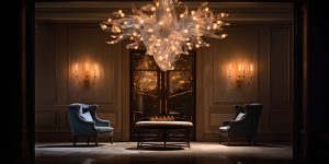 A luxurious room setting, dimly lit, showcasing a grand Murano glass chandelier hanging from the center