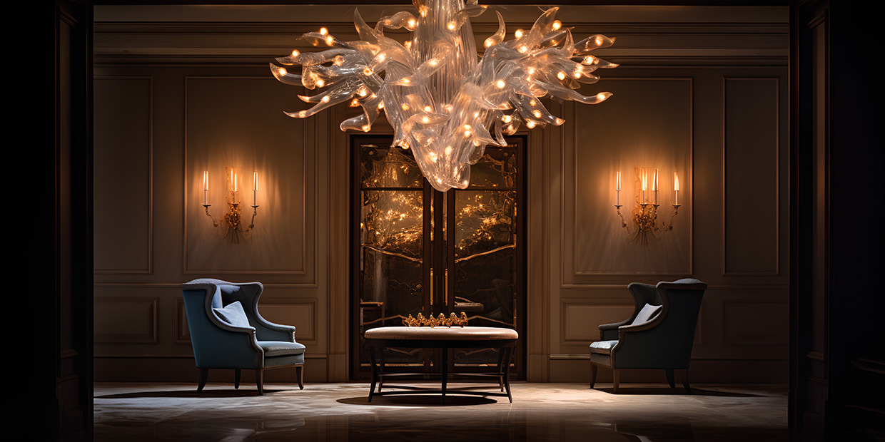 A luxurious room setting, dimly lit, showcasing a grand Murano glass chandelier hanging from the center
