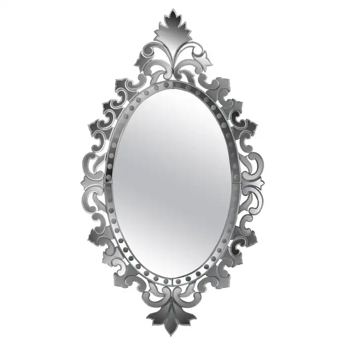 Sophisticated Murano glass oval mirror with baroque detailing.