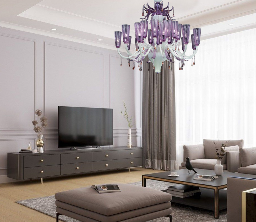 Contemporary Murano glass chandelier in violet hues.