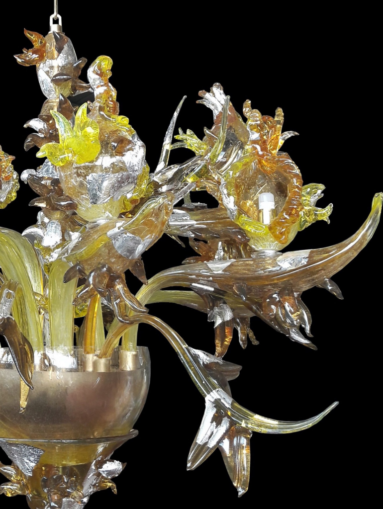 Detail of an exquisite Murano glass chandelier with clear floral elements