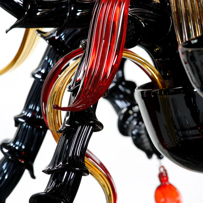 Detail of a bold red and black Murano glass chandelier